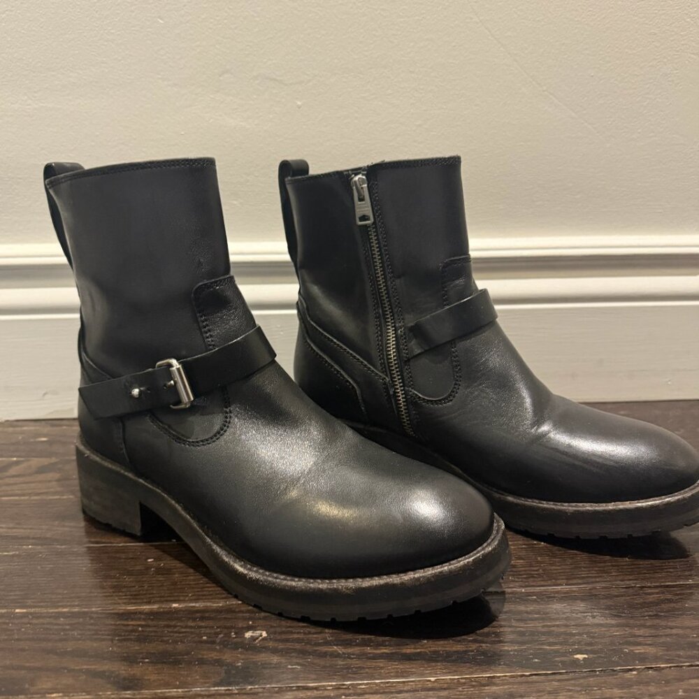AllSaints Black Leather Ankle Boots with Side Zip & Buckle